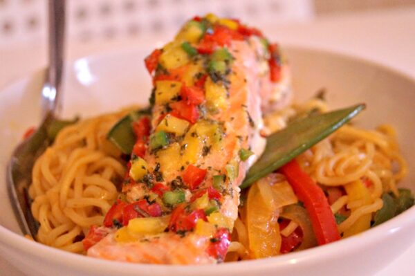 stir fry noodles and baked salmon - My Active Kitchen