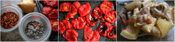 cooked ponmo, chilli flakes in bowl, locust beans and roasted pepper on a baking tray.